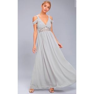 HAVE THIS DANCE GREY LACE OFF-SHOULDER MAXI DRESS